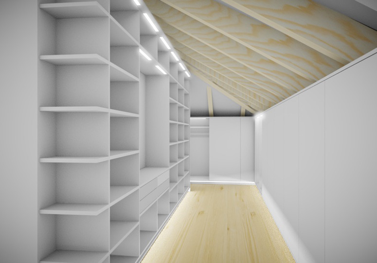 3D-Visualisierung eines Ankleidezimmers mit Einbauschränken in der Dachschräge